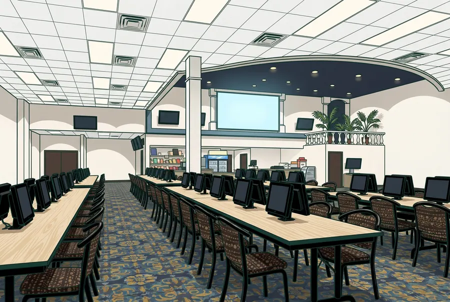 Empty bingo hall with rows of terminals at Treasure Cove