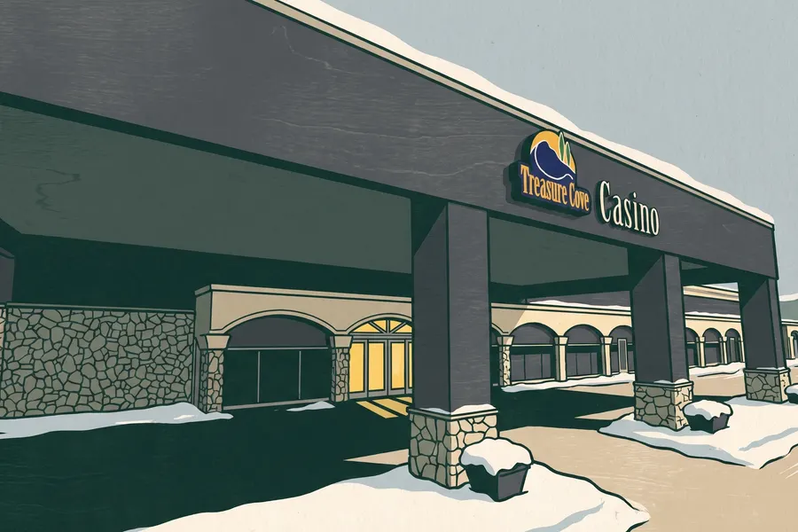 Treasure Cove Casino entrance canopy after a fresh snowfall