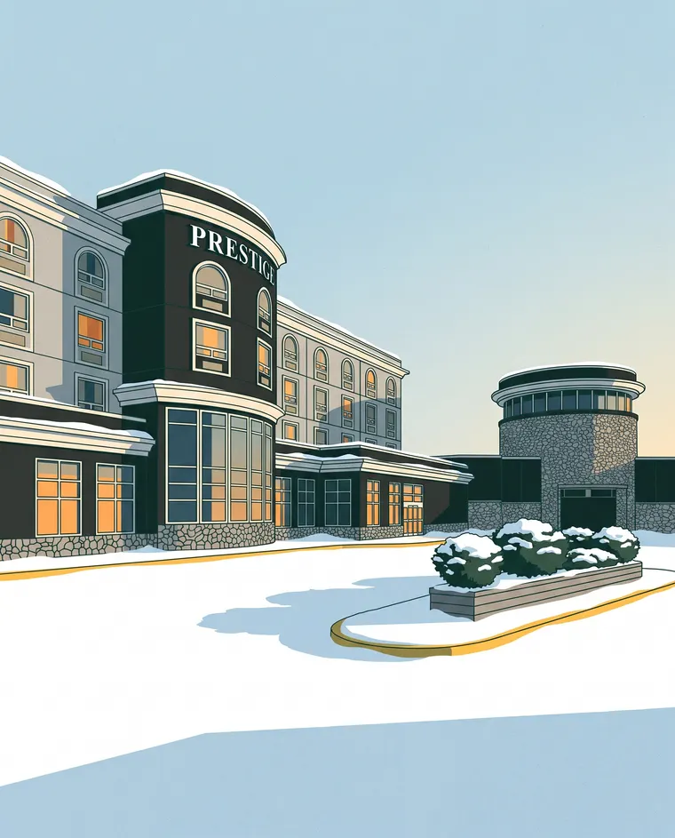Prestige hotel and the casino’s round stone tower in winter