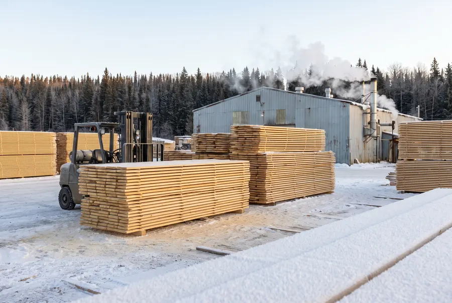Fresh-cut boards stacked in a snowy sawmill yard