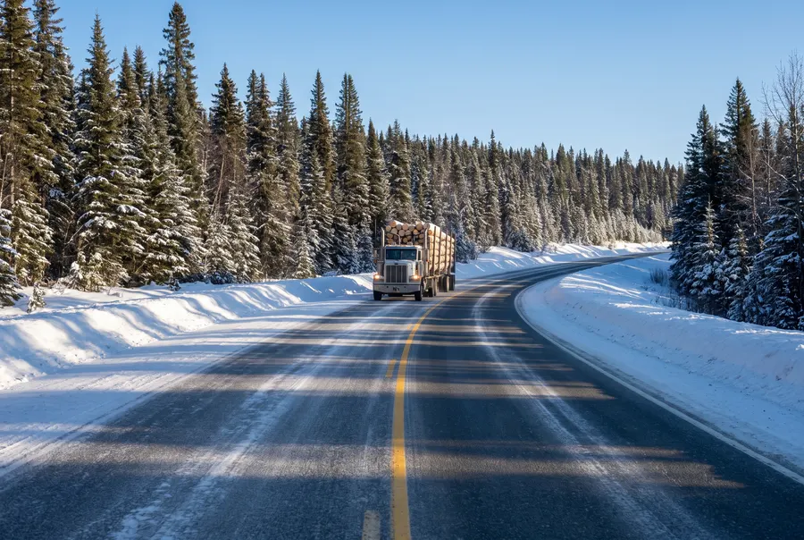 Logging truck on a snowy forest highway