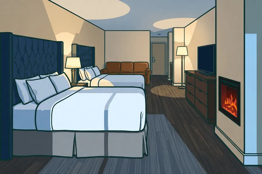 Two-queen room at the Prestige hotel at dusk