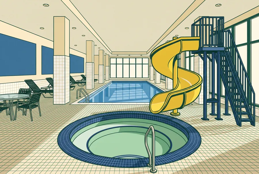 Hotel pool with the yellow waterslide in the morning