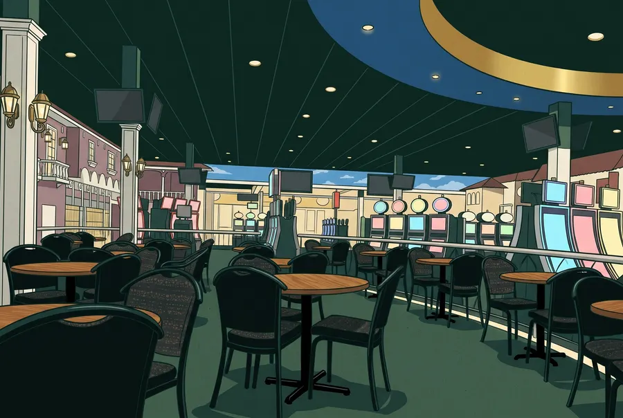 Café tables beside the slot floor at Treasure Cove